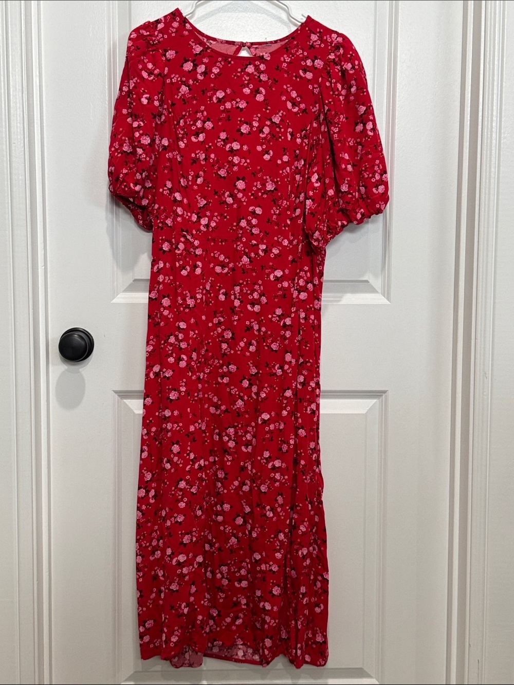 Red Floral Maxi Dress with Puff Sleeves